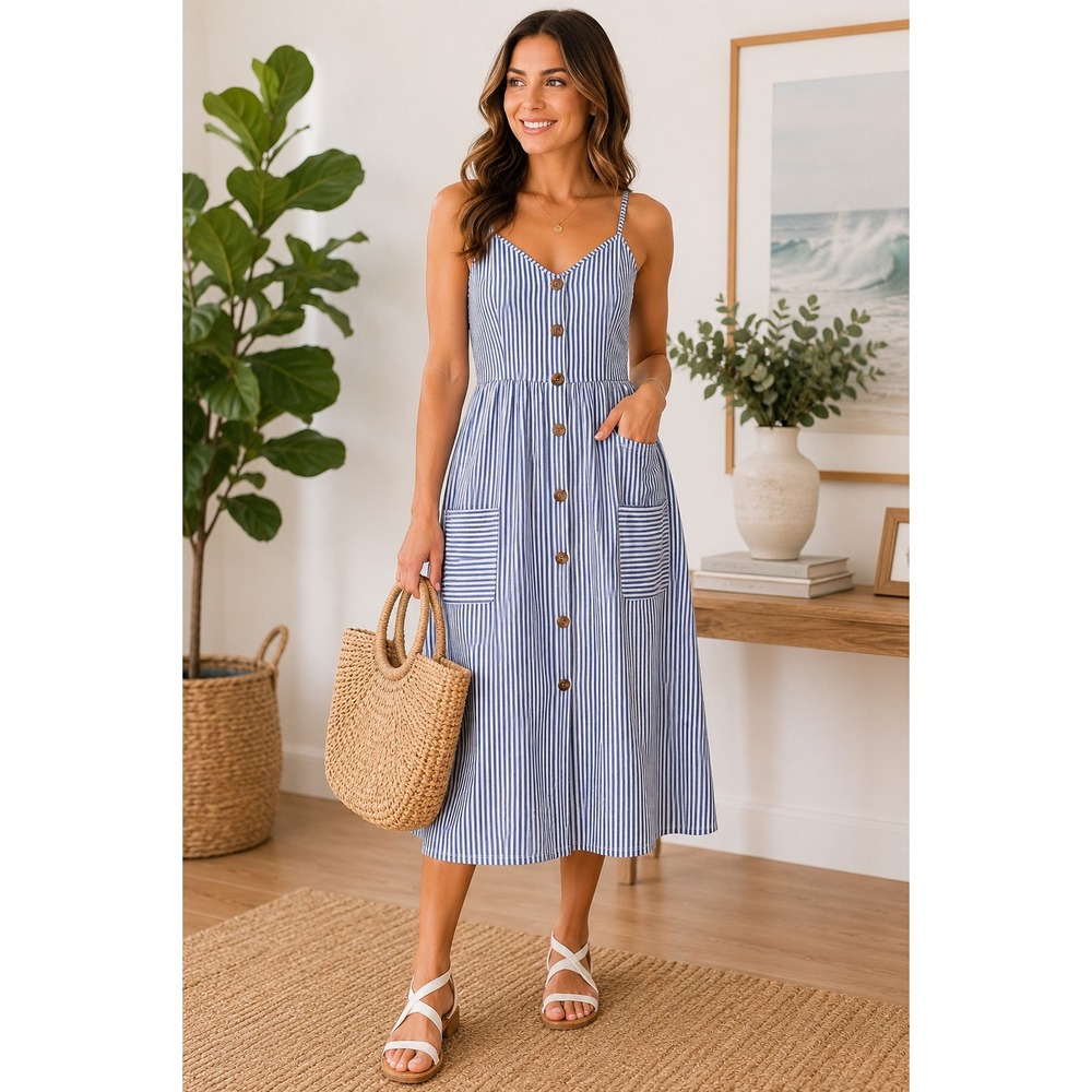 Halife Blue White Striped Button Front Sundress Pockets Size Medium Midi Dress